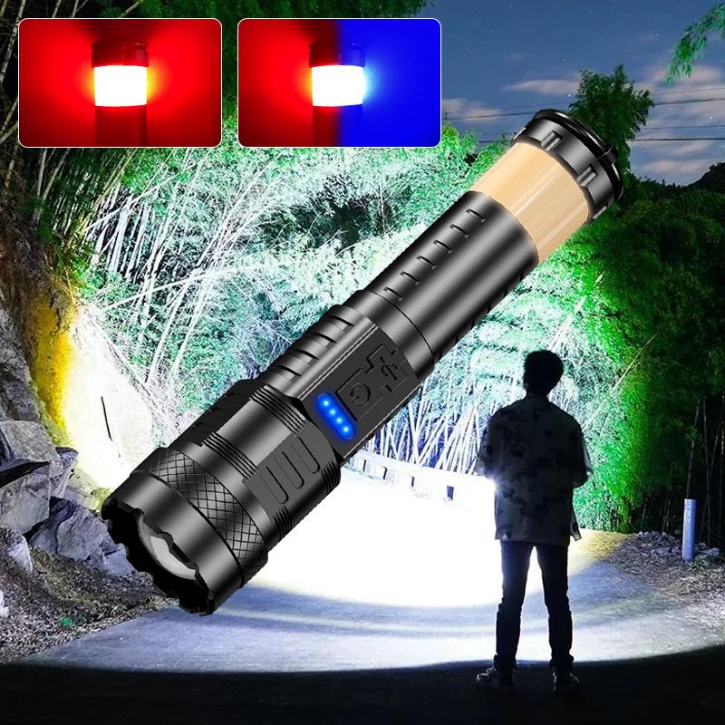 【Valentine's Day gift】 2 PCS Strong Flashlight Set for Lover, Waterproof, Rechargeable, Camping Gadgets, Emergency Red&Blue Alarm Lights Wedding Anniversary for Couple, Anniversary, House Warming Gifts New Home, for Garden, Night Security
