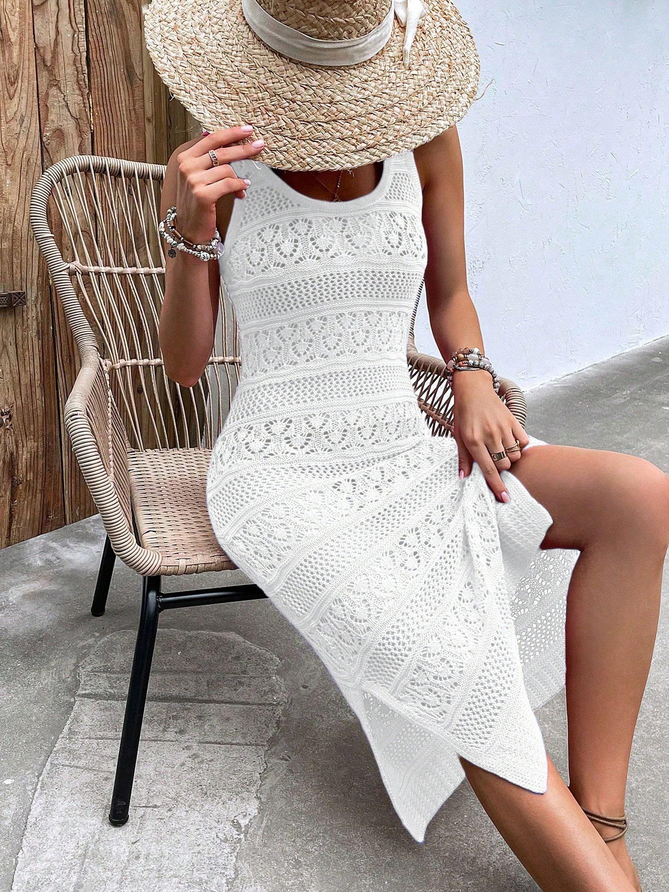 Women's Elegant Chic V-Neck Sleeveless Dress, Casual Summer Beachwear, Hollow Out Pattern, Split Thigh Design, Fitted Long Dress Womenswear