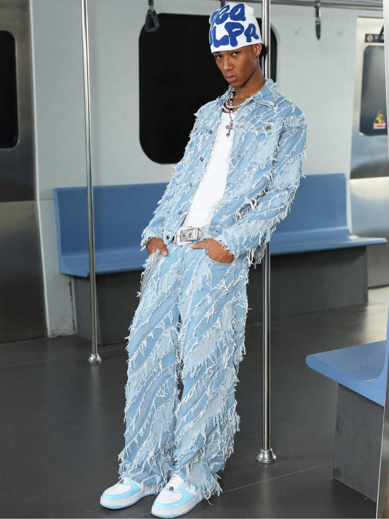 Men's Street-Style Trendy Frayed Straight-Leg Jeans with Pockets. Loose Distressed Long Pants, Retro, Vintage & Fashionable, Comfortable & Slim-Fit, Suitable for Men's Daily Casual & Outdoor Wear.