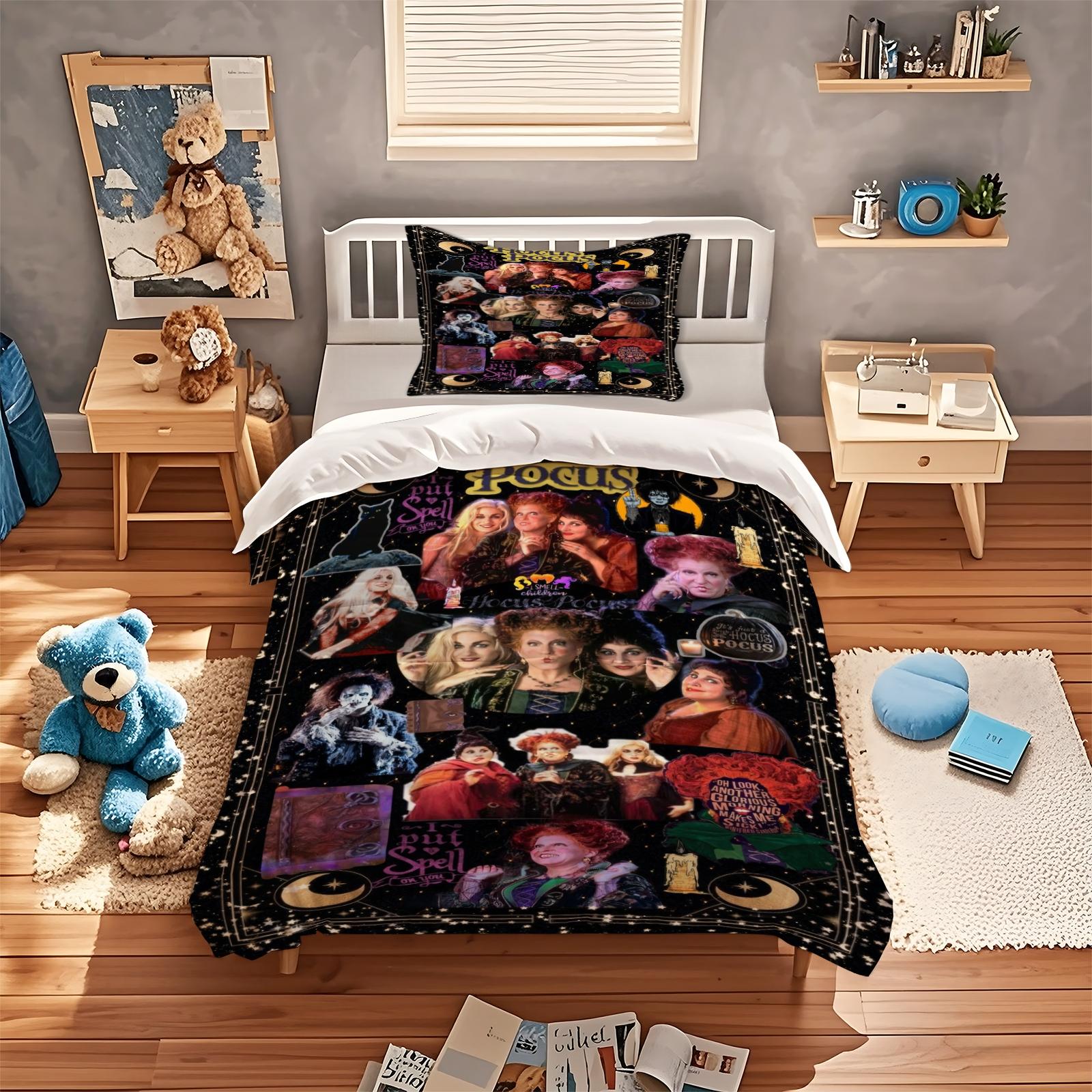 Soft Durable Hocus Pocus Bedding Set, Includes 1 Fitted Sheet and 1 or 2 Pillowcases, No Cotton Inner Core, Ideal for Daily Use, Holidays, Birthdays