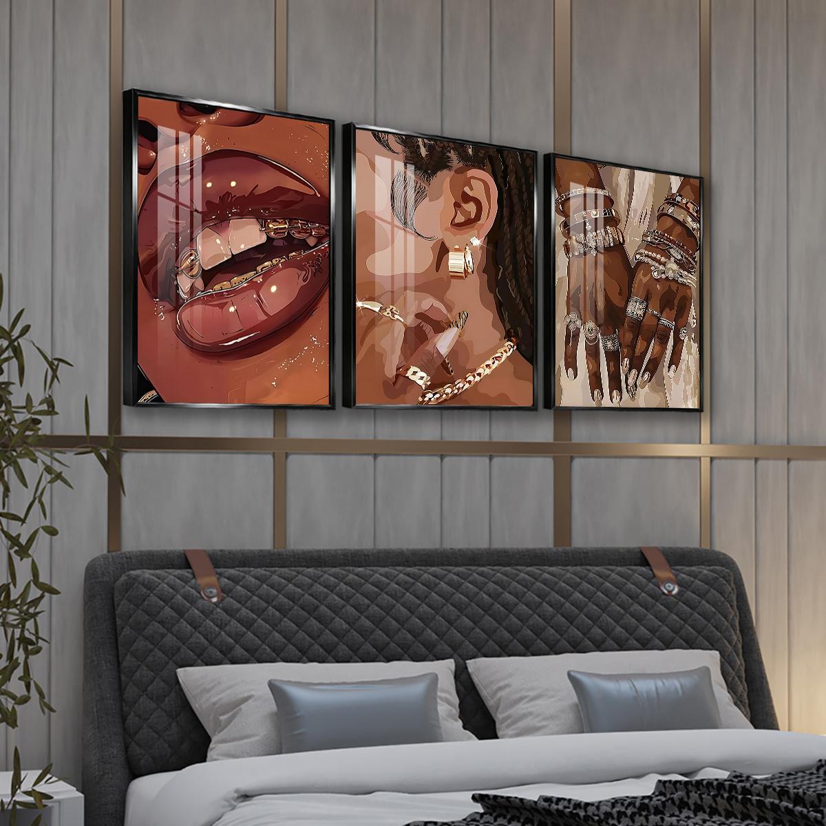 3 Counts Aluminum Alloy Framed Painting, Stylish Woman Jewelry And Gold Accessories Art Posters, Home Decoration For Living Room, Bedroom, Office, Restaurant, Hallway Wall Decor, Odorless Print Artwork, Luxury Perfect Gift For Friends And Family