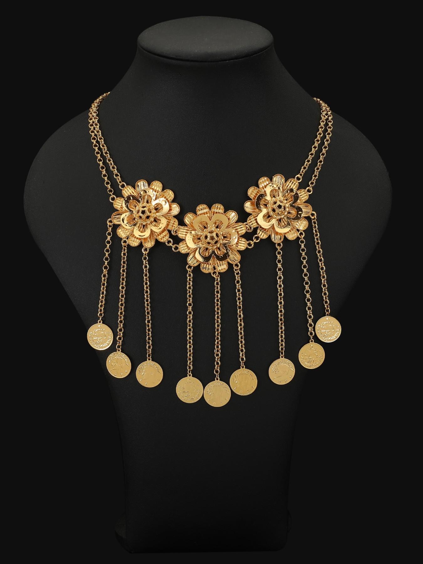 Vintage Turkish Flower Gold Coin Bell Necklace, 18k Gold Plated Luxury Exotic Pendant, Elegant Geometric Design, All Seasons Accessory