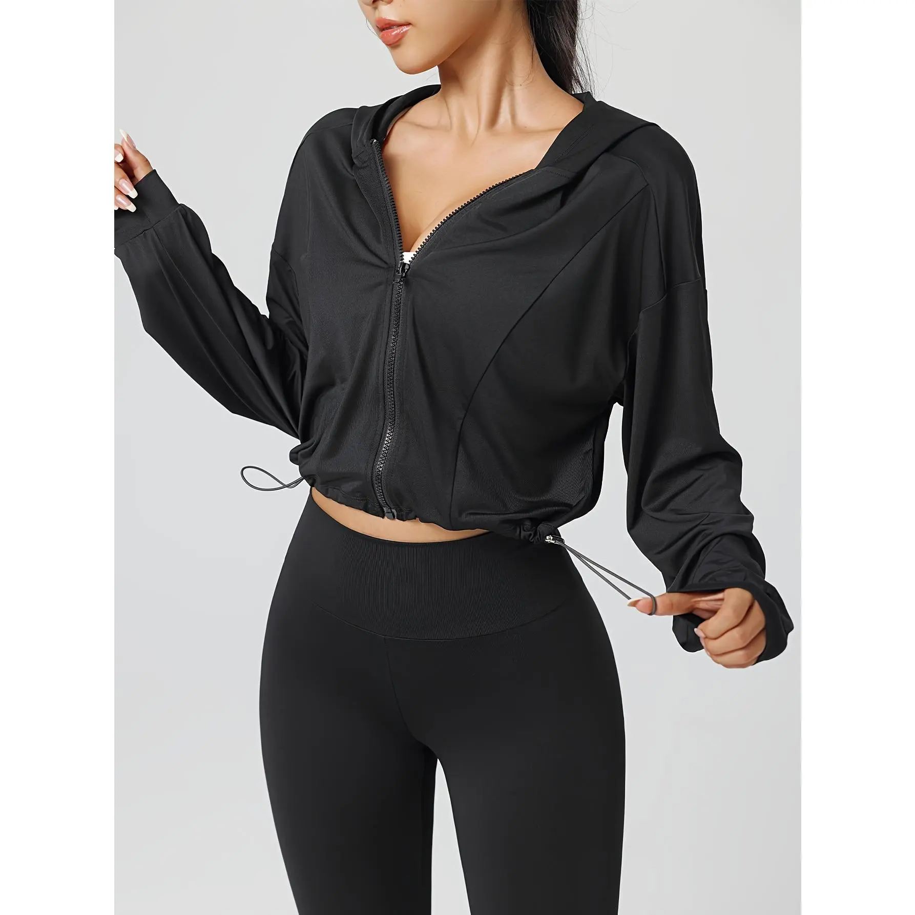 Women'S Drawstring Hem Hooded Athletic Jacket, Soft Brushed Women's Sporty Jacket, 25'' Inseam Leggings. Gold-Color zipper Jacket with Pockets, Yoga Pants, Thumbholes Design, Casual Wear for Women Sweat Suit Active Dresse Set Try it,travel essentials,camp