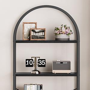 Bookshelf 5 Tier Bookcase Arched Display Racks Tall Standing Bookshelves Metal Frame Open Storage Rack Shelf Large Black Book Shelf for Bedroom, Living Room, Home Office