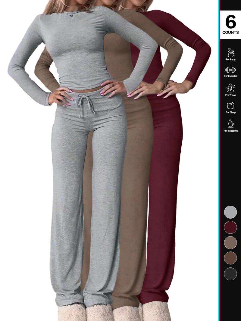 2026 Two Pieces Fall Women Clothes Y2K Sporty Casual Home Solid Color Fitted Long-Sleeved T-Shirt And Long Pants Set