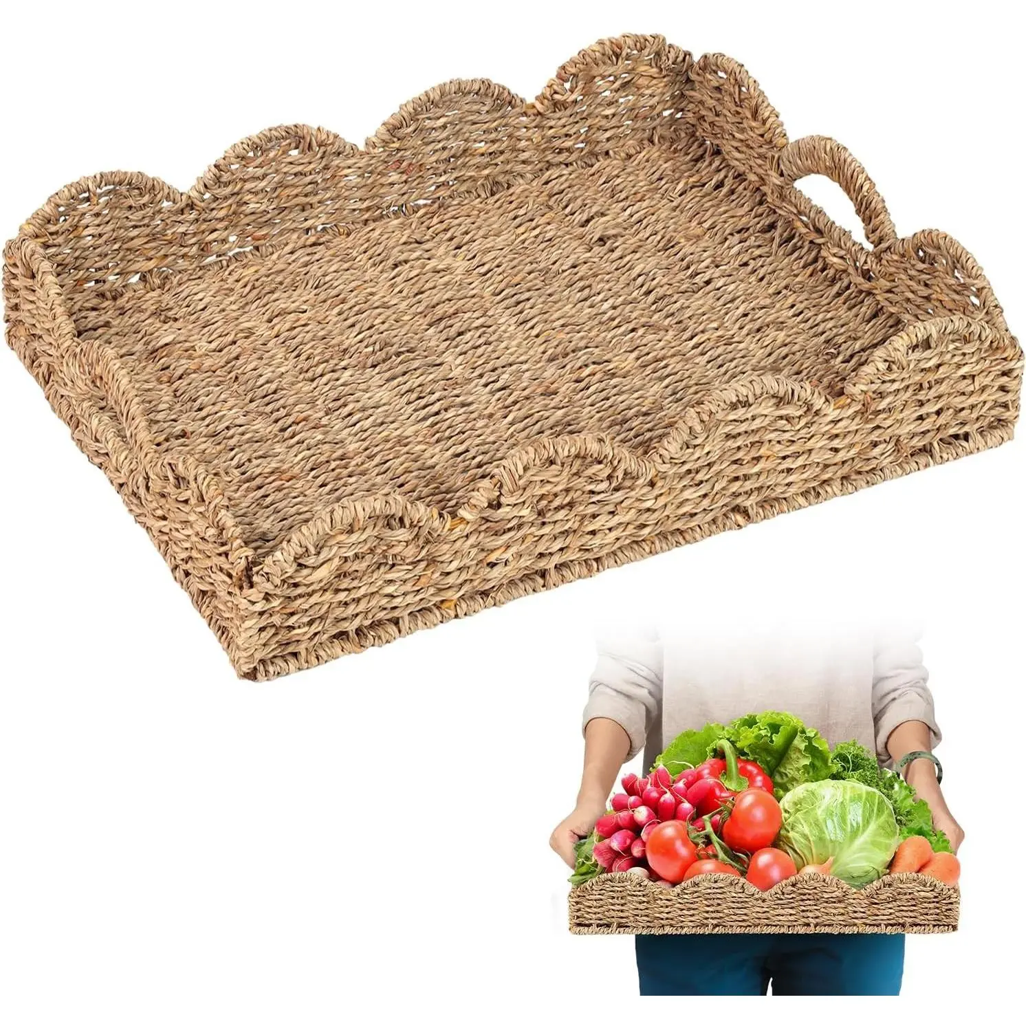 Hand-Woven Rectangular Scalloped Seagrass Tray Wicker Storage Basket with Scalloped Edge and Built-in Handles 17x13x3in Dark Brown