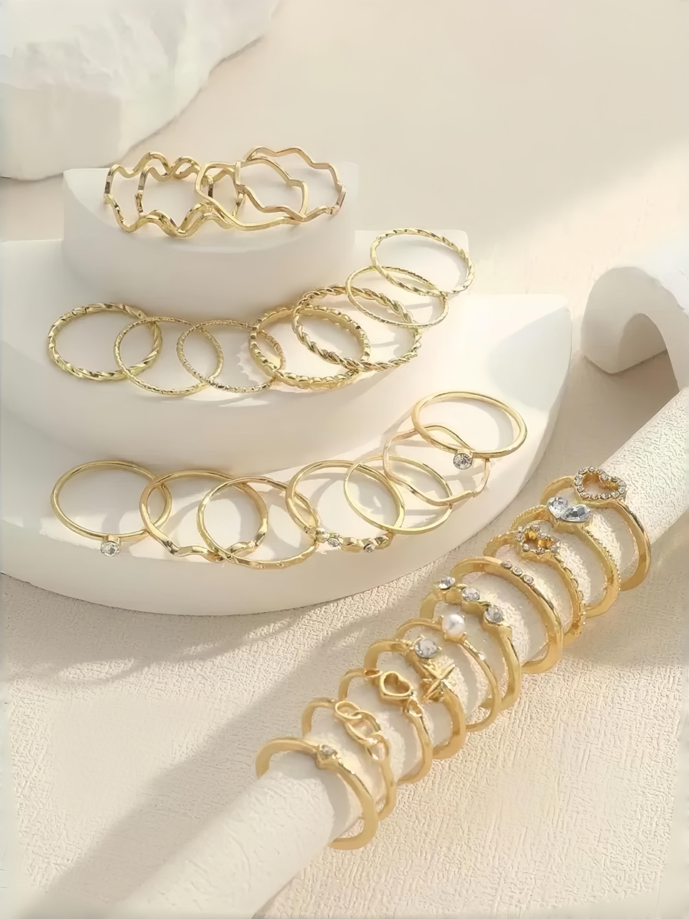 28pcs Heart Shaped Geometric Boho Style Rhinestone Knuckle Rings, Minimalist Wave Design, Perfect for Women's Daily Wear & Parties