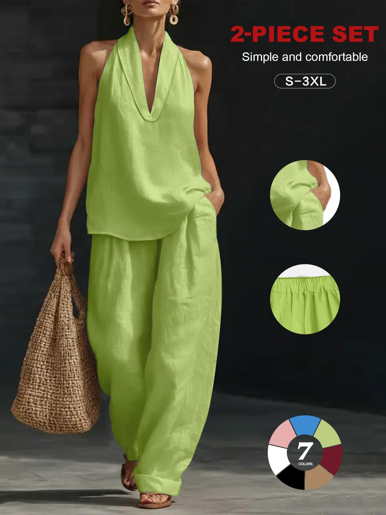 Women's Faux Linen V Neck Sleeveless Halter Top and Wide Leg Pants Set, 2 Piece Loose Fit Lounge Set, Casual All Seasons