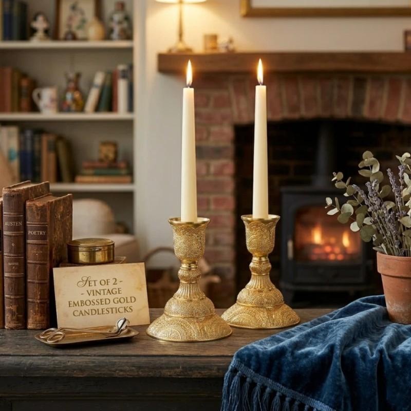 European Vintage Relief Metal Candle Holder Set, 2 Pieces, 3.9 Inches Tall, Perfect for Weddings, Formal Dinners, Church, Christmas, Home Decor