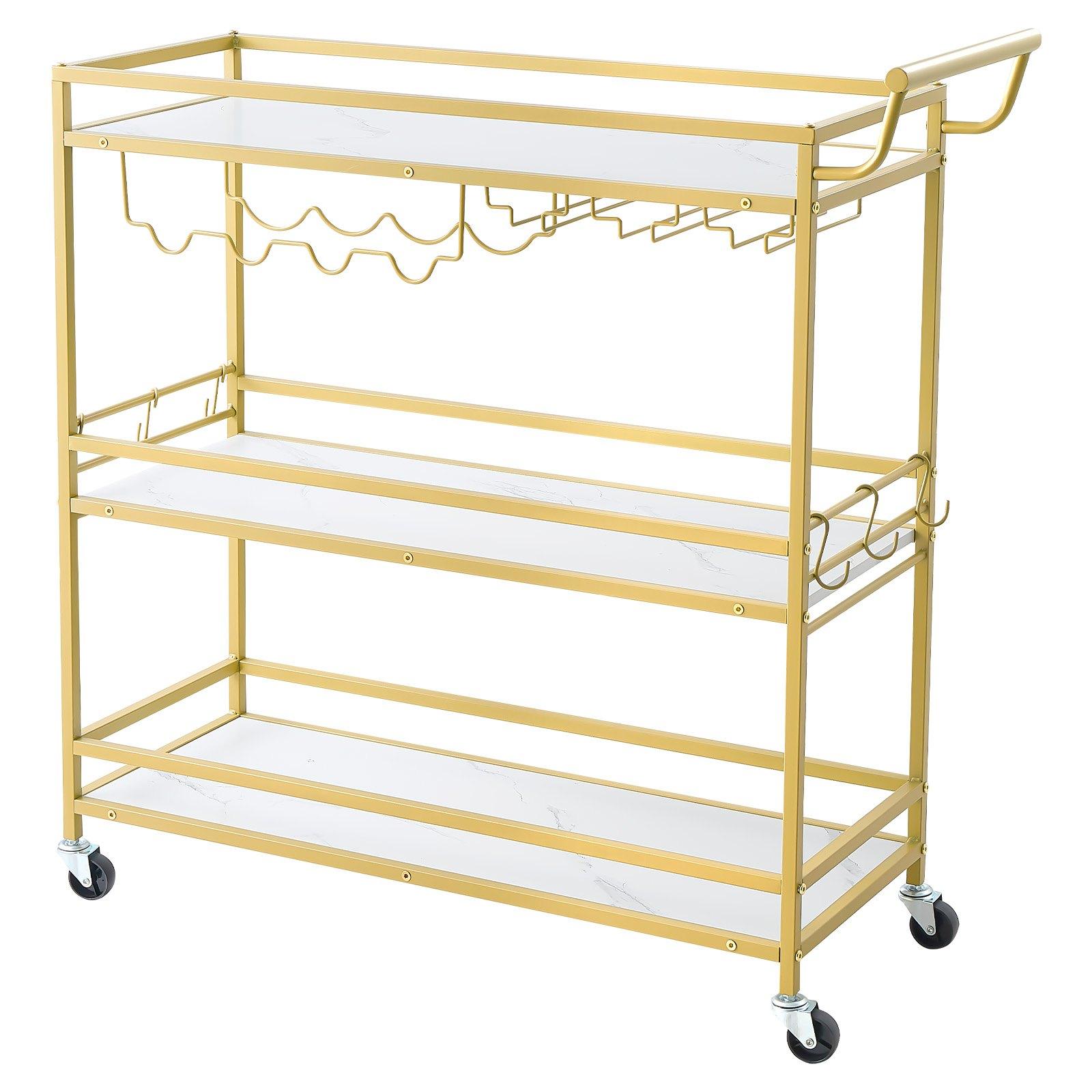 VEVOR Bar Cart Organiser, 3-Tier Modern Rolling Utility Station with Locking Wheels, Engineered Wood Shelf, Wine Rack, Glass Holder, for Bar Service & Outdoor Events, 35.83x12.99x36.81in Gold