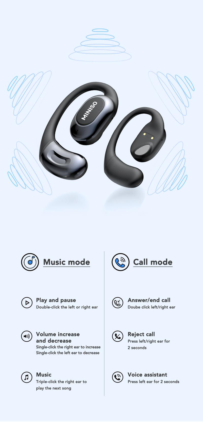 MINISO MS156 True Wireless Open Ear Headphones Bluetooth 5.4 Bone Conduction Earphones Over Ear TWS Headset for iPhone Android Phone Electric Audio Earbuds