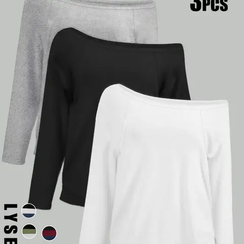 3pcs Women's Casual Loose-Fitting T-Shirts, Plain Surface Long Sleeve Tops, Multi-Color Set, Comfortable Daily Wear