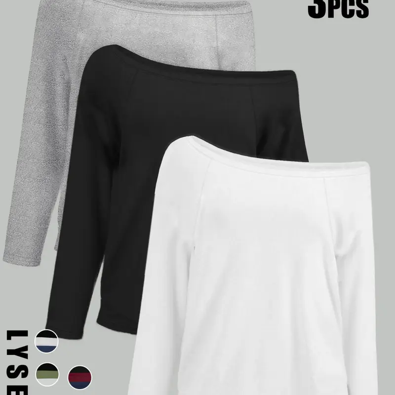3pcs Women's Casual Loose-Fitting T-Shirts, Plain Surface Long Sleeve Tops, Multi-Color Set, Comfortable Daily Wear