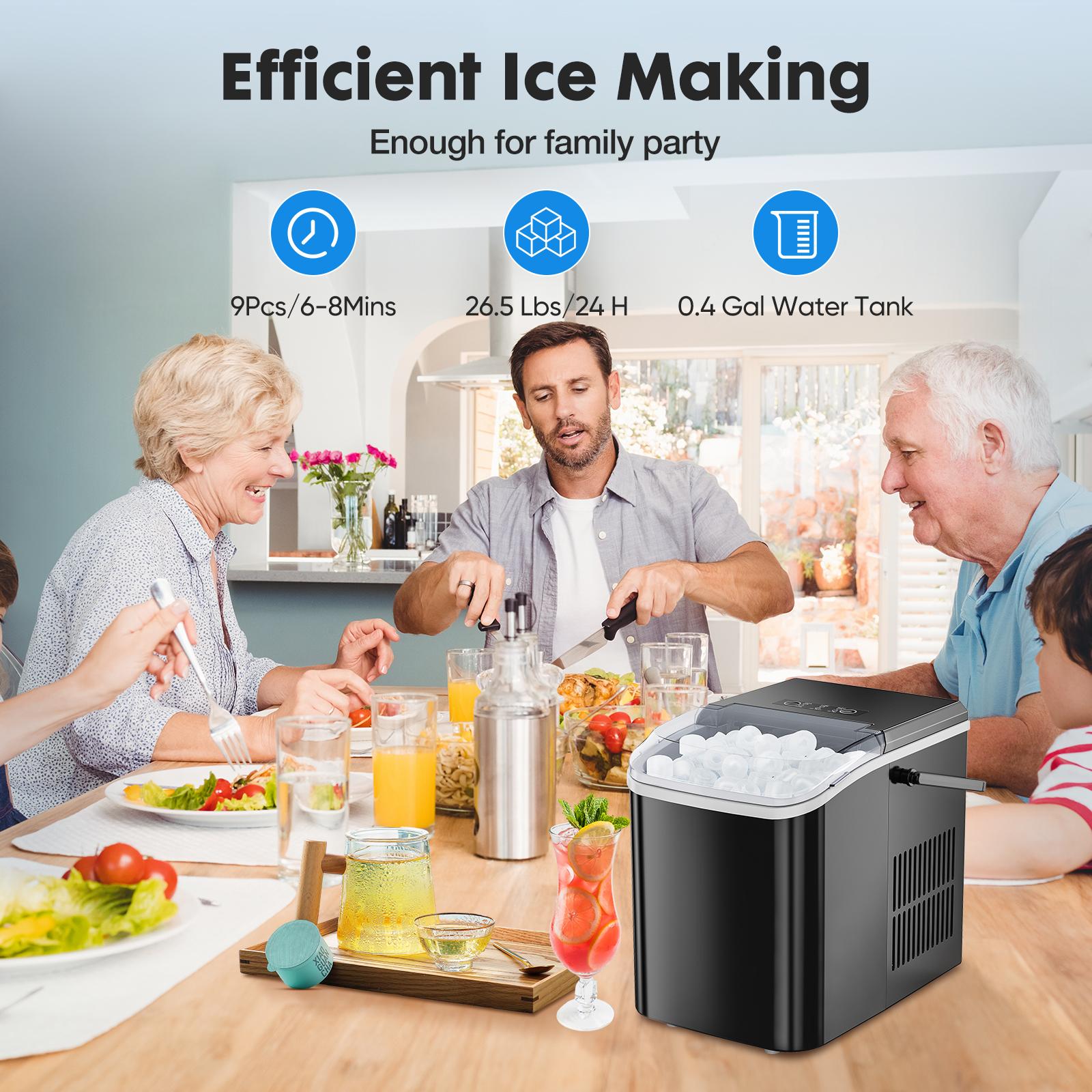 Ice Maker Countertop with Handle, 26.5lbs/24Hrs, 9 Ice Cubes Ready in 6 Mins, Self-Cleaning Portable