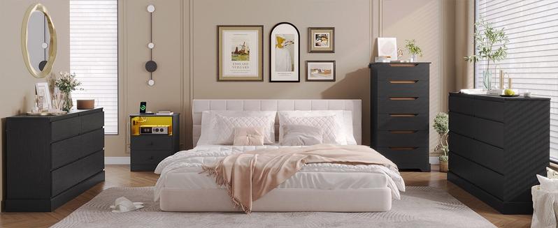 Sikaic 8 Drawers Long Double Dresser with Storage Organizer Wood Top Cabinets Wood Lateral Cabinet Wooden Vertical Chest Modern Home Furniture