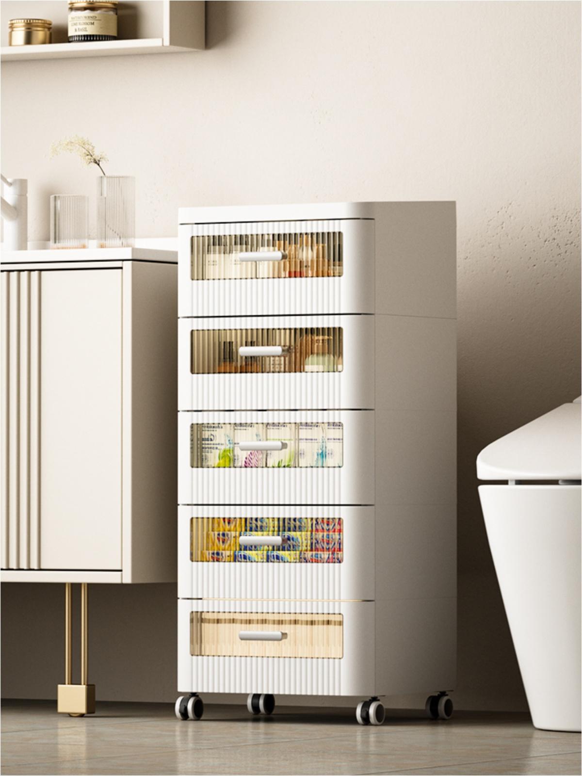 Cute Corner Dresser with Drawers & Wheels, Multi-Tier Rolling Storage Cabinet for Bedroom & Bathroom, Large Capacity Space-Saving Shower Organizer Cupboard Furniture