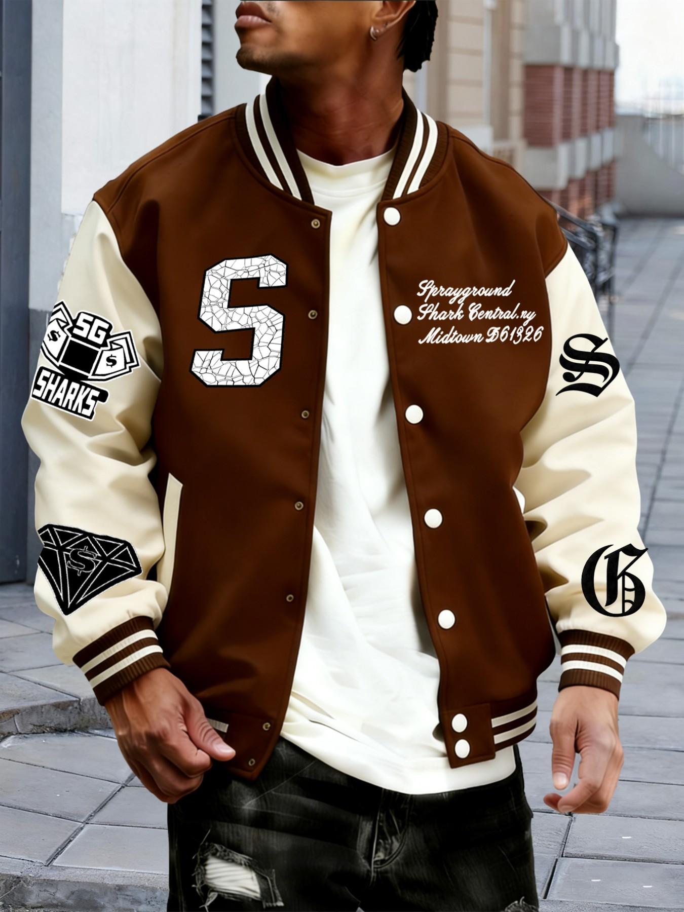 Men's Trendy Baseball Jacket, Geometric Pattern, Colorblock Sleeves, Button Closure, Stretch Fabric, All Season Outerwear, Casual Style