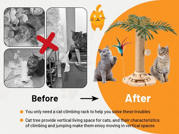 Cute Design Cat Tree Tower for Indoor Cats with Interactive Dangling Balls, Jungle Paradise Design, Scratching Post & Tropical Decor
