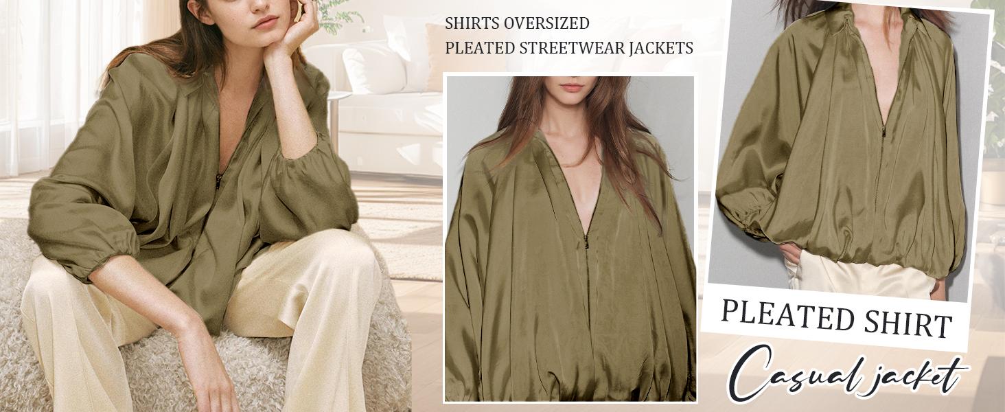 Songling Womens Puffed Bomber Jacket Casual Batwing Sleeve Lapel Collar Zip Shirts Oversized Pleated Streetwear JacketsTikTokShopBlackFriday Chic Coats Everyday Lightweight   Womenswear SpringStatements