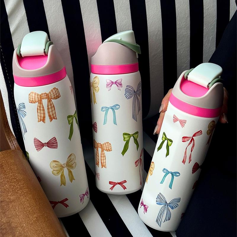 Bow Pattern Stainless Steel Vacuum Flask, Leakproof Insulated Tumbler, 1 Count Portable Insulated Water Bottle with Straw, Drinking Cup for Home Office School Outdoor Camping, Drinkware