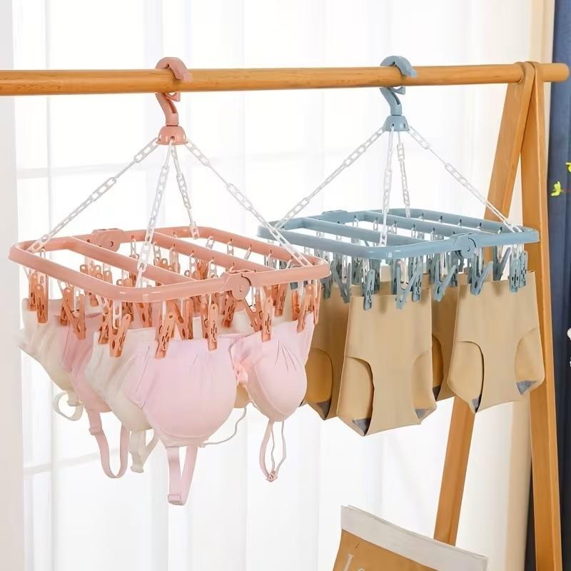 1pc Foldable Plastic Hanger with 32 Clips Multi Functional Windproof Socks Clips and Drying Hanger Clothes Hanger Space Saving Multifunctional Clothes Hanger
