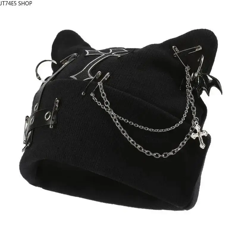 Women’s Gothic Cat Ear Knit Beanie with Punk Chain & Bat Pendant, Adjustable Y2K Grunge Black Winter Streetwear Hat, Machine Washable Fashion Accessory
