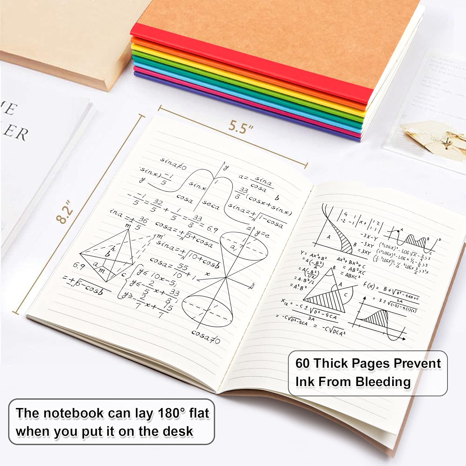56 Pack Composition Notebooks Bulk,  Cover Lined Blank College Ruled Composition Travel Journals with Rainbow Spines For Women Students Business, 60 Pages, 8.3"x 5.5", A5, 8 Colors