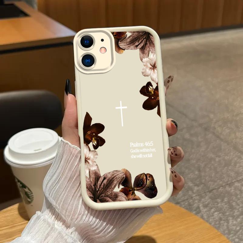 Vintage Floral Aesthetics Lanyard Phone Shell Christian Psalms 46:5 Cross for 【iPhone 12】  Matte Finish Anti Drop Bumper Religious Birthday Gift For Her 666
