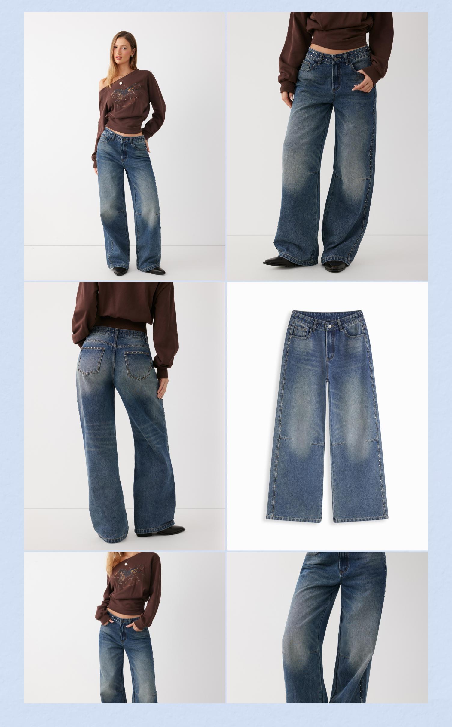 Cider Washed Denim Low Rise Studded Straight Leg Jeans