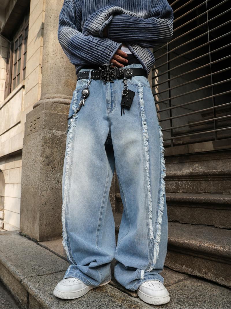 Men's American Casual Light Wash Blue Loose Straight Jeans, Y2K Street Style, Drop Crotch Design, All Seasons, Zipper Fly, Loose Fit