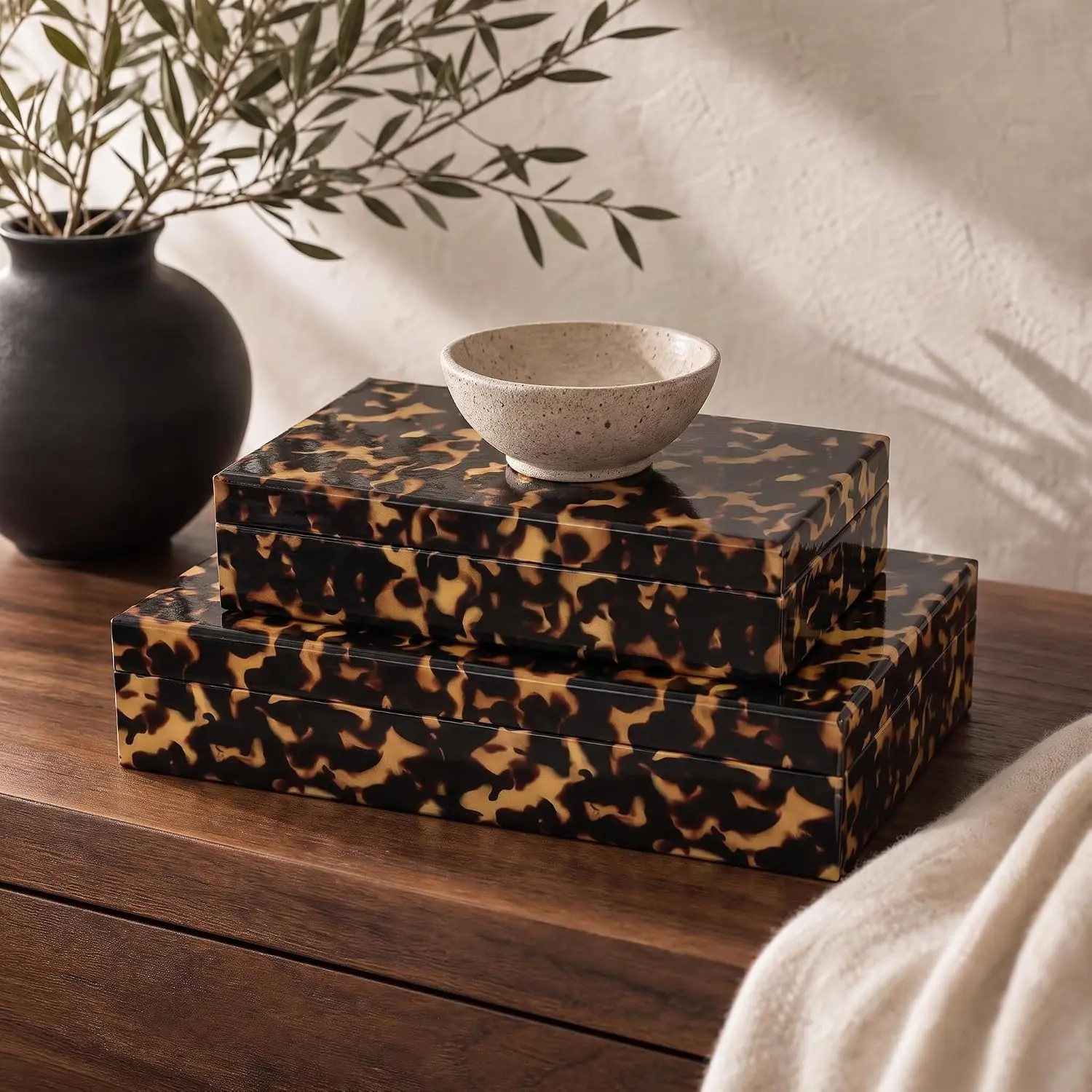 Decorative Storage Boxes - Set of 2 Tortoise Shell Organizer Boxes