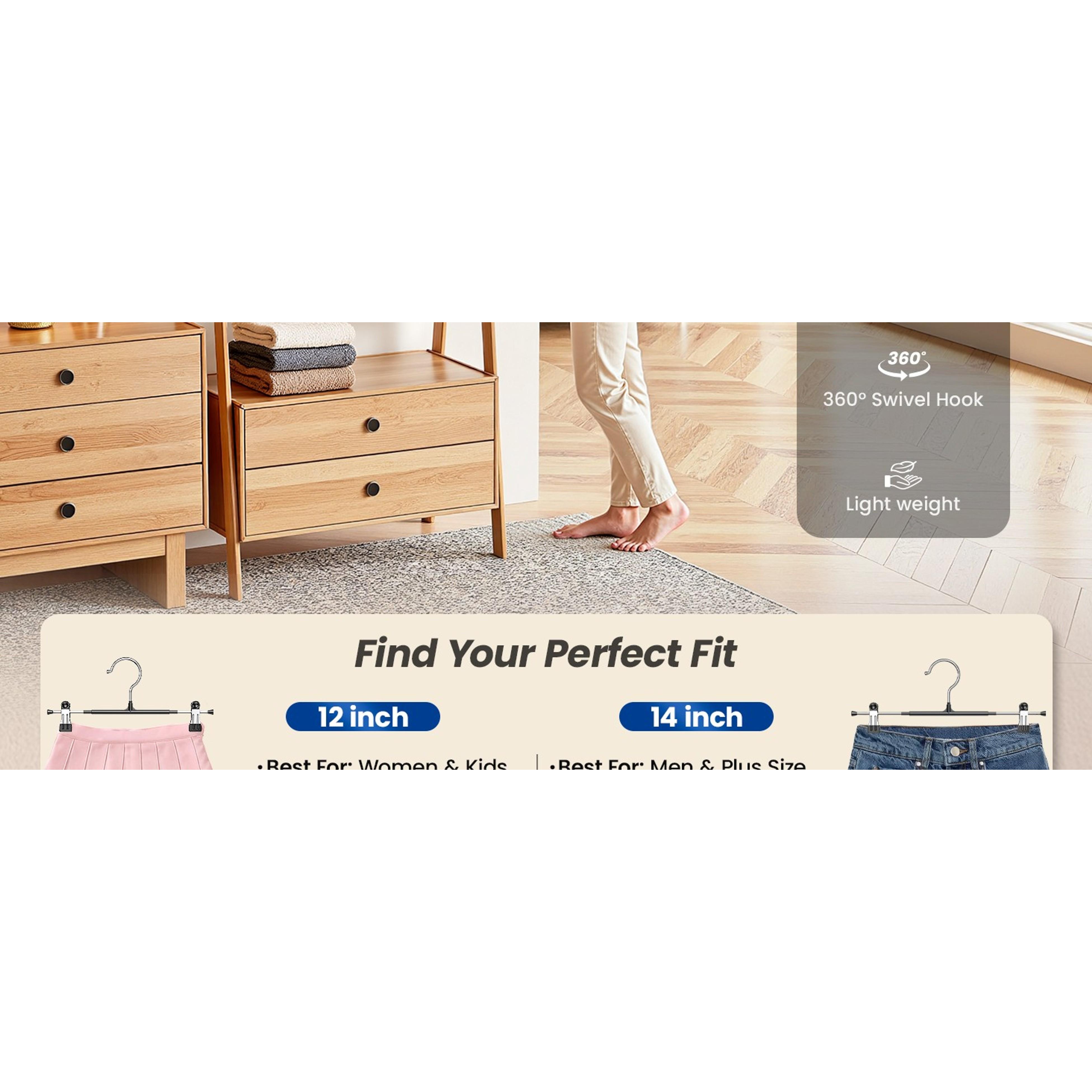 Pants Hangers with Clips Skirt Hangers for Women 10 Pack, Space Saving 12Inch Adjustable Hanger Heavy Duty Non-Slip for Trousers, Jeans, Clothes, Shorts (Black, 10Pack)