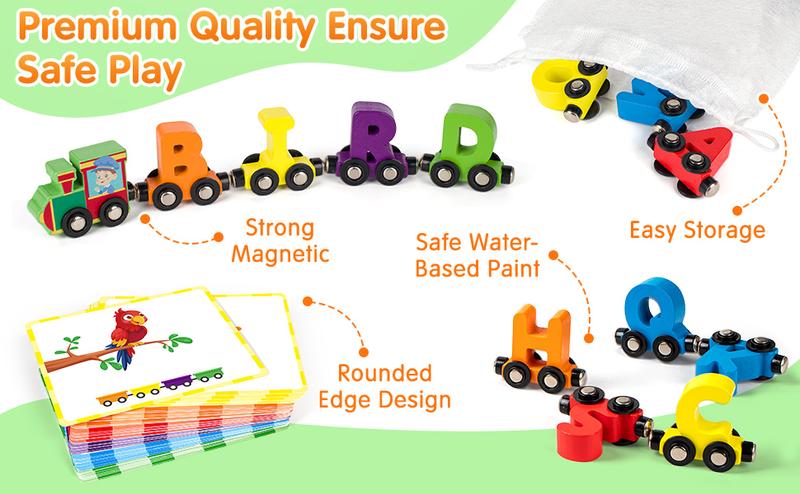 Vanmor 27 PCS Magnetic Wooden Alphabet Train Sets | ABC Letter Learning Toy Trains with 42 PCS Flash Cards, 1 Engine, 1 Storage Bag | Toddlers Kids Boys Girls Educational Toys，tamagotchi cart Play
