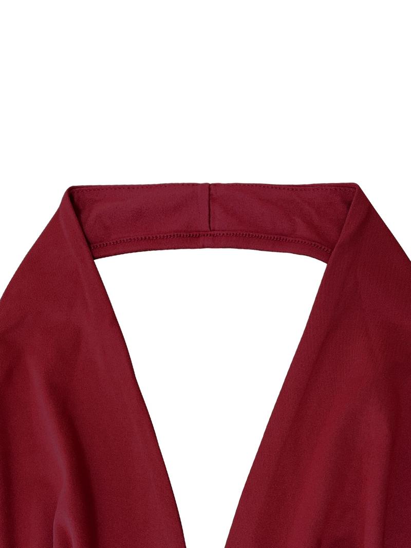 Women's Simple Solid Backless Halter One-Piece Romper, Ruffle Hem, Sleeveless, Casual Summer, Fashionable and Comfortable