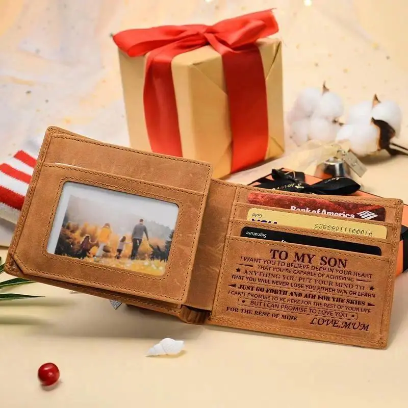 Men's Genuine Top Grain Cowhide Leather Wallet, Personalized Engraved Message and Photo Slot, Handmade Western Bifold Wallet, Durable Everyday Cash and Card Holder, Birthday or Graduation Gift for Son