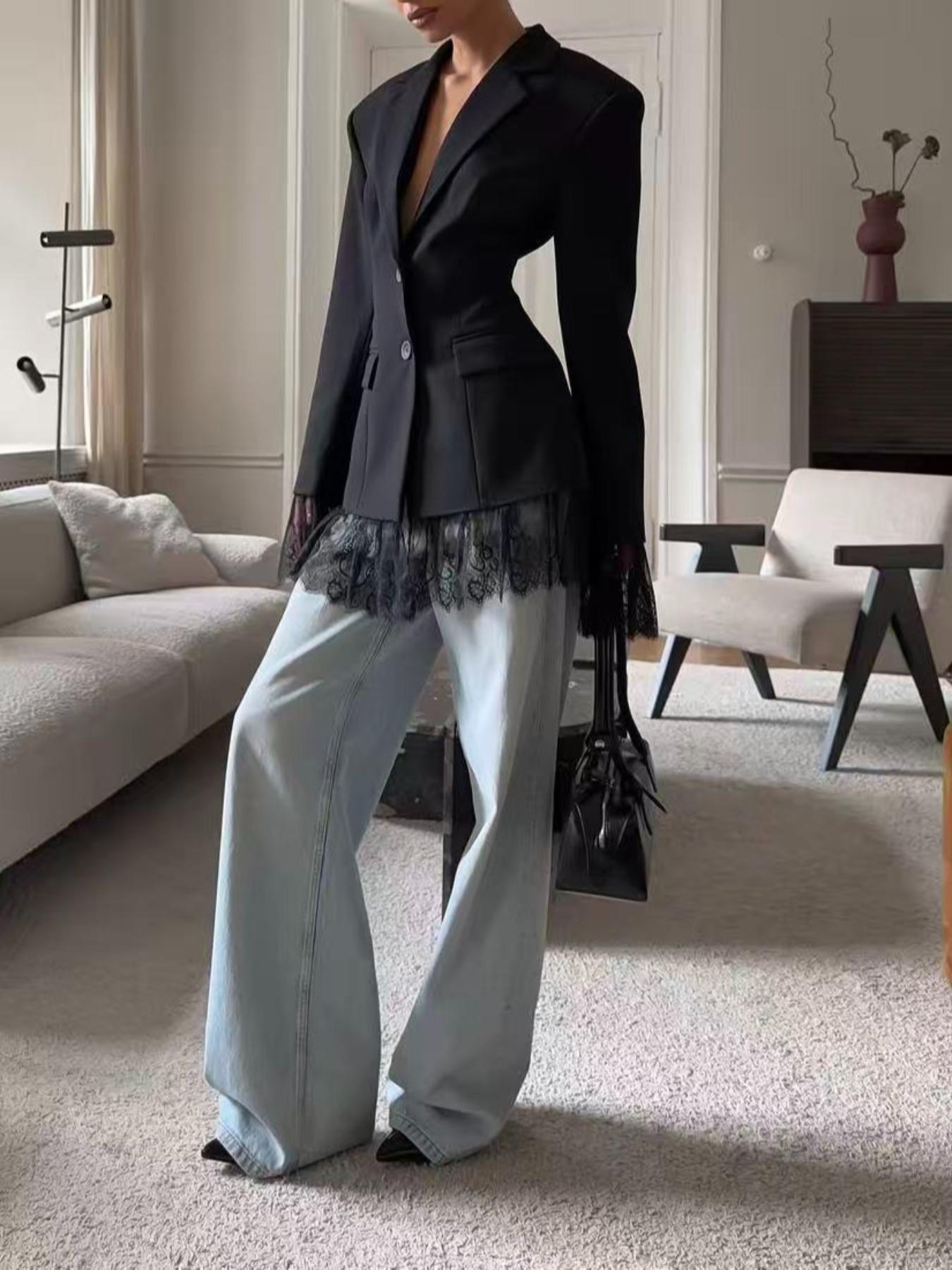 Women's Fitted Pure Color Woven Fabric Lace Patchwork Button Waistcoat Jacket, Office Evening Date Formal Banquet Fall Winter