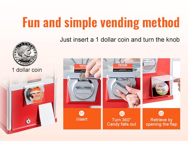 VEVOR Gumball Machine for Kids, 21 Height Home Vending Machine, PS Bouncy Balls Dispenser, Hold 180 Capsule Toys, Rectangle Bubble Gum Machine for Game Stores, Coin Operated Gumball Bank, Red