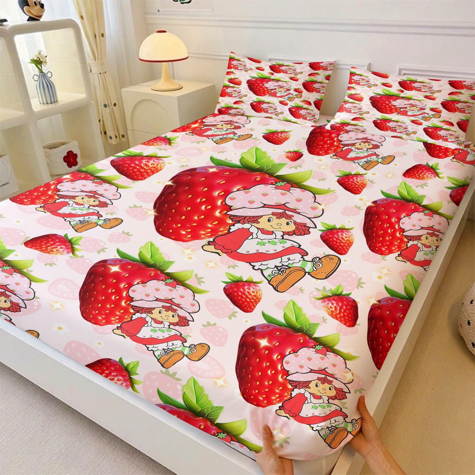 Strawberry Shortcake Purple Dot Fitted Sheet Set, 1 Fitted Sheet + 2 Pillowcases - 3 Pcs Soft Bedding with Deep Pocket, 360° Full Coverage, Wrinkle Free, Cute Strawberry Cartoon Bed Sheets for Girls, Full Size