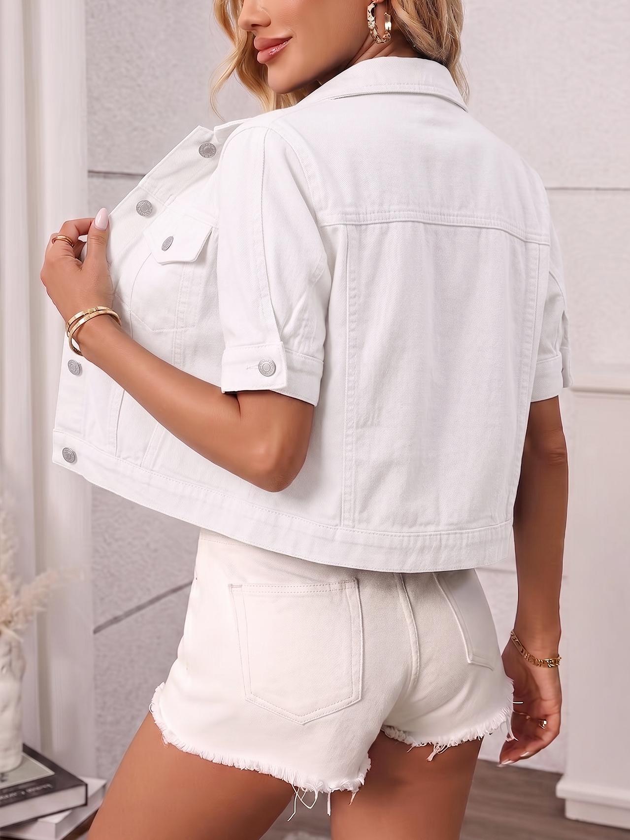 Women's Classic Short Sleeve Denim Jacket, Casual Single Button Short Denim Collar Top, Summer Outerwear, Loose-Fitting