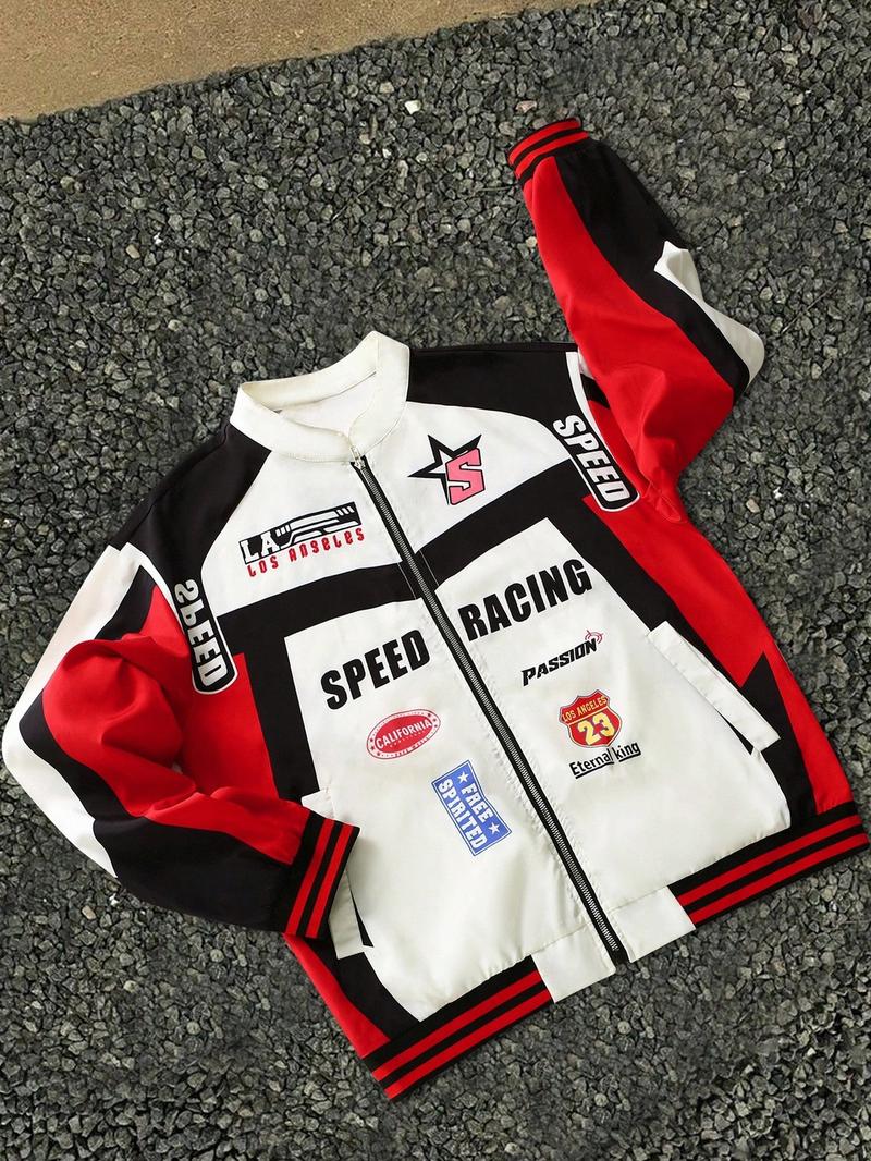 Men's Speed Racing Pattern College Style Jacket, Street Hip-Hop Coat, Fitted Long Zipper Design, Casual Outdoor Wear, All Seasons