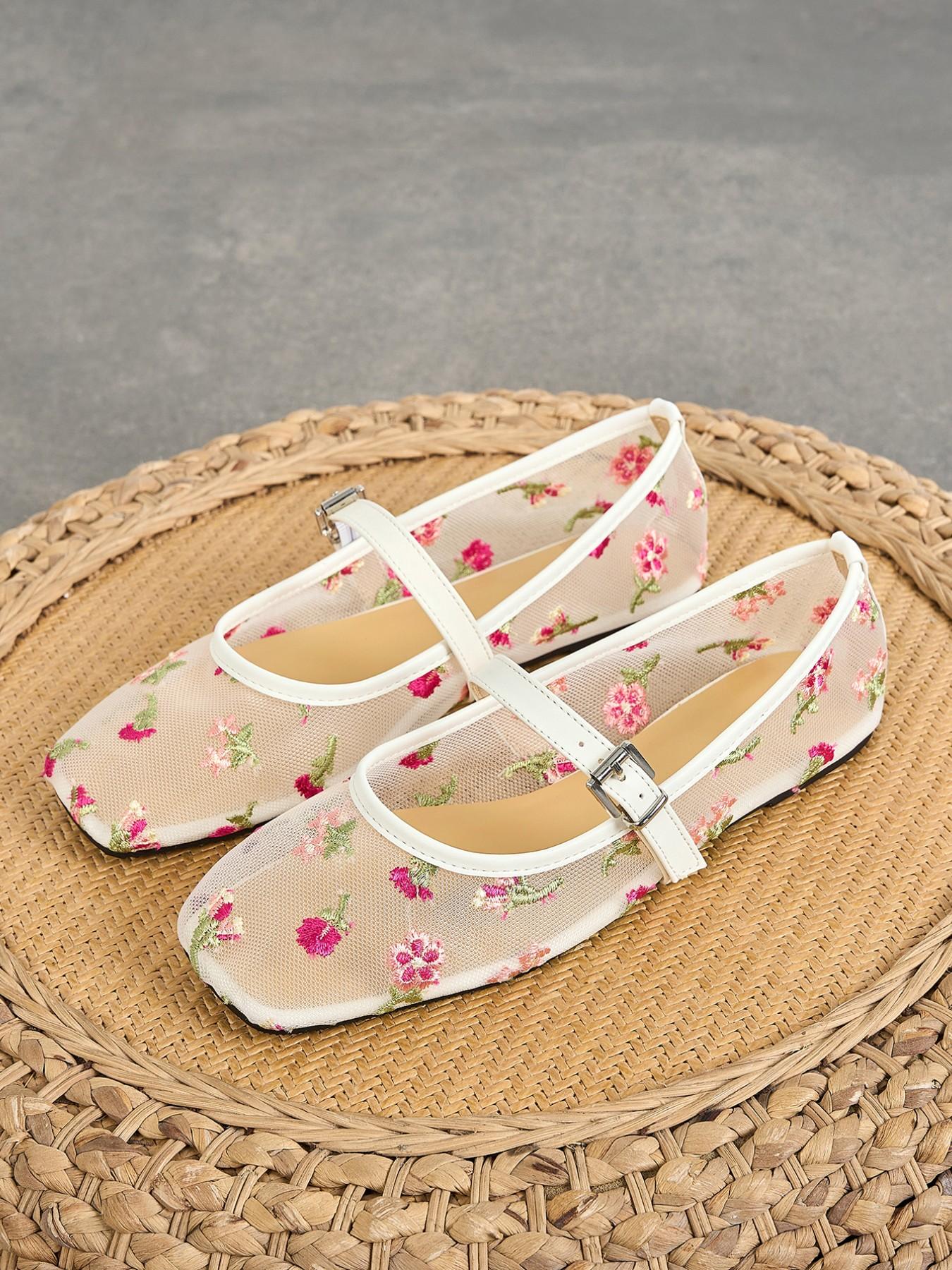 Women's Mary Jane Shoes Summer 2026, Breathable Mesh Low Heel Ballet Flats, Square Toe Casual Outdoor Dance Shoes