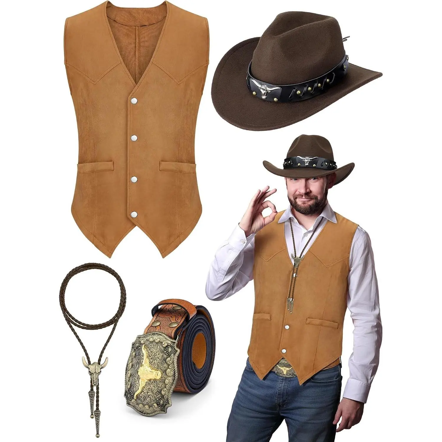 4 Pcs Men's Western Cowboy Costume Outfit with Hat, Faux Suede Vest, Alloy & Leather Belt Buckle, Vintage Bolo Necktie for Halloween Cosplay(Gift)