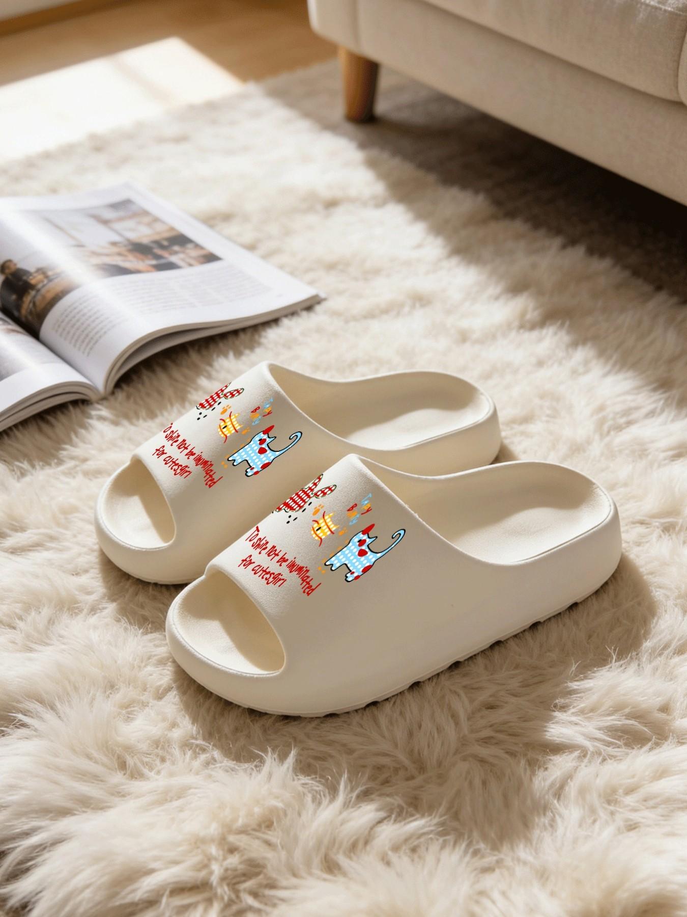 1 Pair Cartoon Rabbit Letter Printed Thick Sole Slippers, Cute Fun Style, Non-slip Soft Sole, Indoor & Outdoor Dual-use, Open Toe Slides, Casual Slippers
