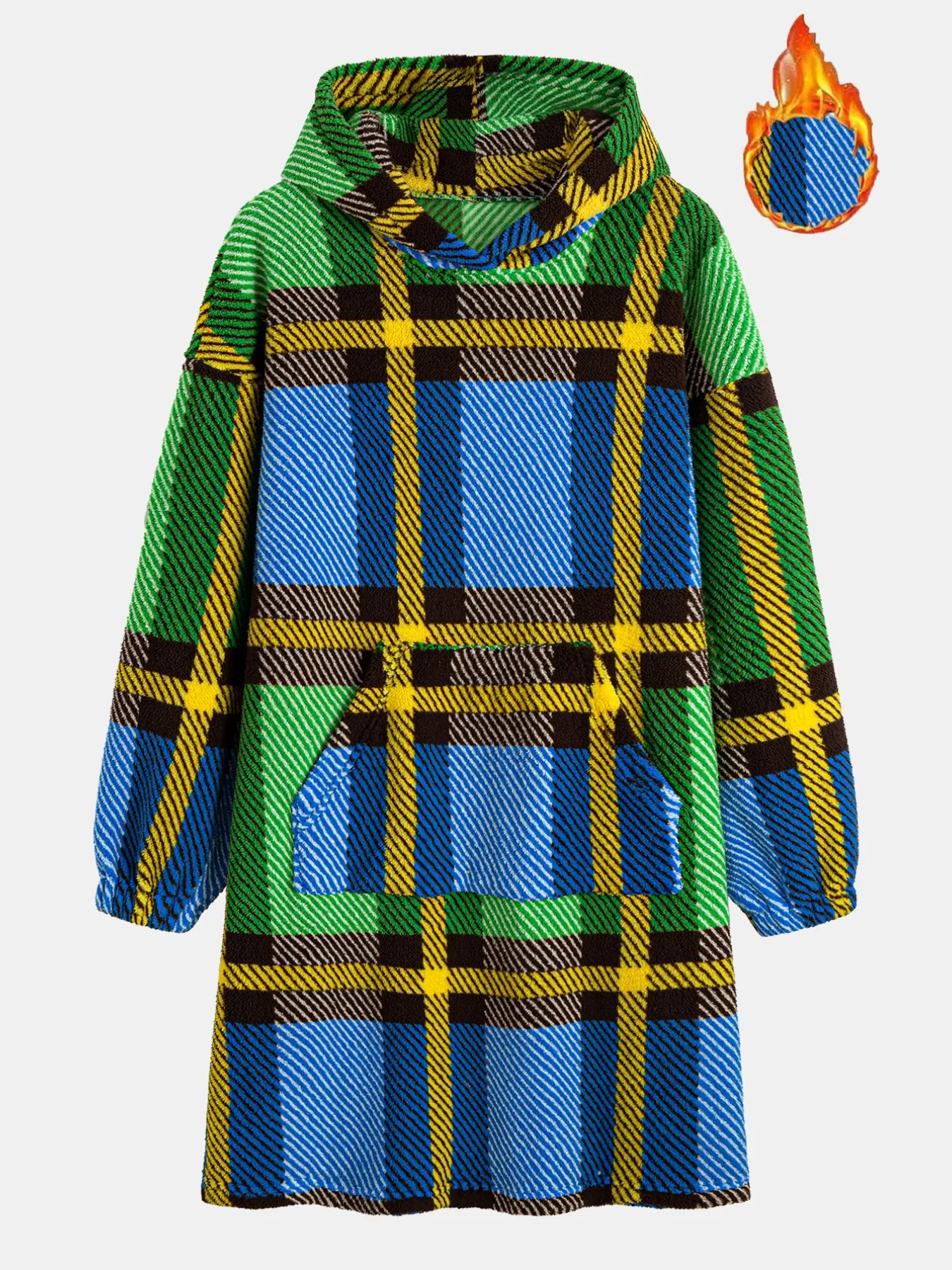 Vintage Bright Plaid Men Hooded Plush Bathrobe, Thick Warm Flannel-Fleece Home Robe, Cozy Winter Indoor Loungewear with Pockets
