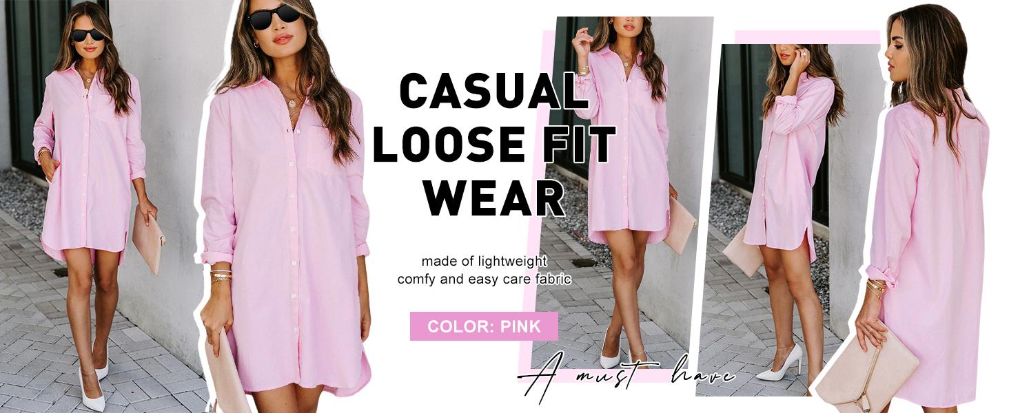 Chouyatou Women's Casual Loose Fit Long sleeve Solid Striped Button Down Shirts Dresses SpringStatements