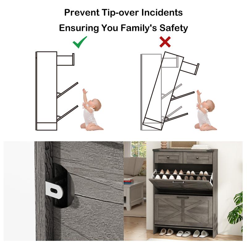 Farmhouse Shoe Storage Cabinet with 2 Hidden Flip Drawers & 2 Drawers – Narrow Freestanding Shoe Rack Organizer with Adjustable Shelves for Entryway