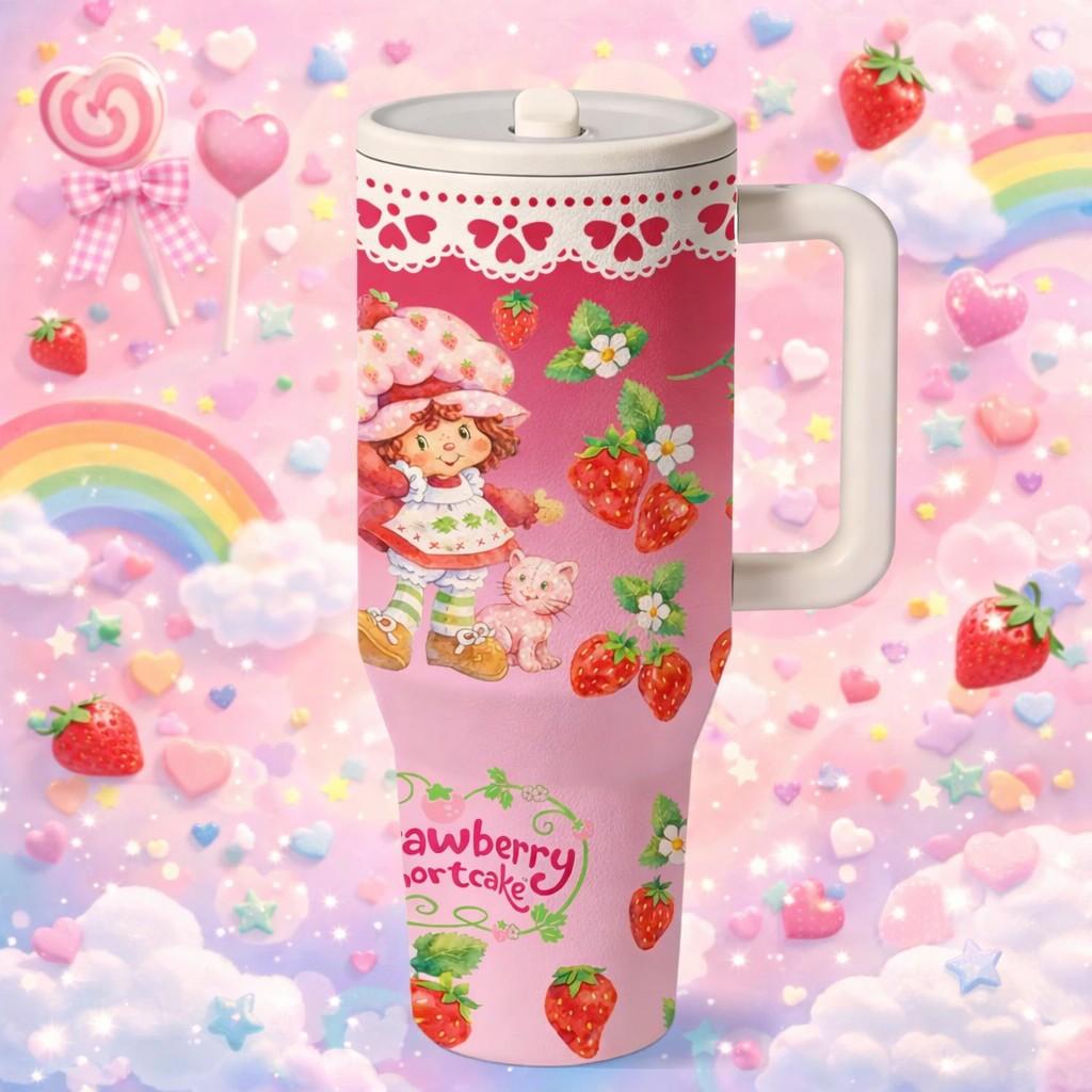 1 Pc 40oz insulated mug, strawberry girl print, aesthetic thermal mug, double wall vacuum stainless steel, leak proof lid with handle, keeps hot 12 hours cold 24 hours, valentines gift for women men, daily use hot cold drinks, Insulated Travel Drinkware