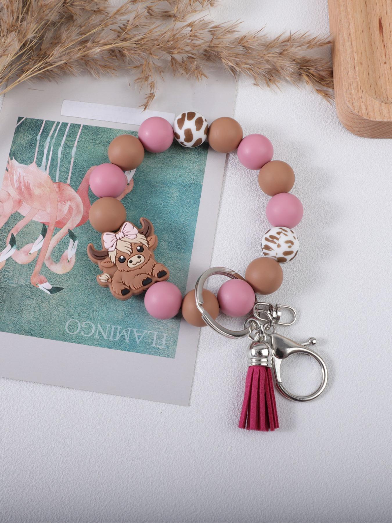 Cute Farm Style Beaded Wrist Keychain, Multiple Colors Available, Spot Pattern Beads with Bow Cow Design, Perfect Gift for Friends & Family