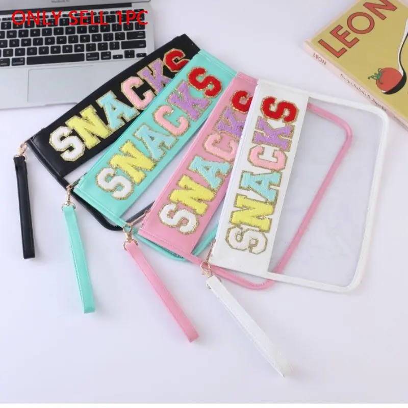 Letter Patched PVC Snack Storage Bag, Portable Lightweight Cosmetic Bag for Women & Girls, Casual Trendy Versatile High-quality Daily Bag, Girl Fashionable Shopping Bag, Fall Outfits, Fall Freshness, Zipper Pouches for Organizing, Snack Bags, Organiser