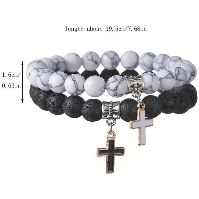 2 count Set Matte Lava Rock Beaded Couple Bracelet Black White 8mm Howlite Volcanic Stone Matching Beads Elastic  Pendant Stretch Bracelets Religion Charm BFF  for Women Men